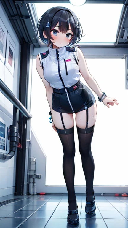 (Best Quality), (masterpiece), 1080P, High resolution, 4K, 8k, Inside the space station、Futuristic room、Thigh straps, Shooting from directly below, The woman on top of me, 白いsweat, Covered , sweat, Woman looking down, Skirt swimsuit, Thigh-high socks, To achieve this, , , whole body, Black leather shoes, Braided Hair, Inner Color, Embarrassed face, Short black hair, bracelet, bedroom,astrovest
