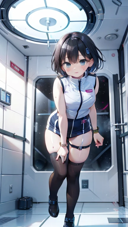 (Best Quality), (masterpiece), 1080P, High resolution, 4K, 8k, Inside the space station、Futuristic room、Thigh straps, Shooting from directly below, The woman on top of me, 白いsweat, Covered , sweat, Woman looking down, Skirt swimsuit, Thigh-high socks, To achieve this, , , whole body, Black leather shoes, Braided Hair, Inner Color, Embarrassed face, Short black hair, bracelet, bedroom,astrovest
