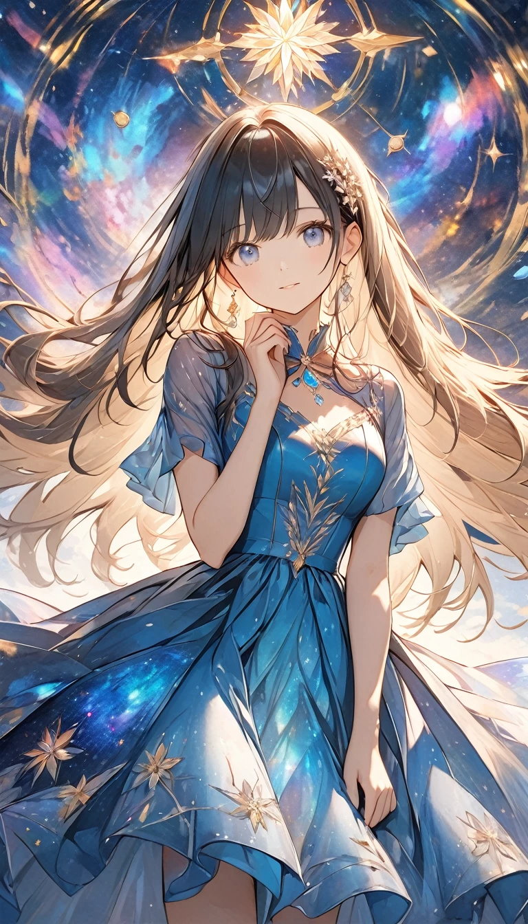 Sketch,UHD, retina, masterpiece, high details, high quality, super detail, best quality, highres, 4K, 8k,kaleidoscope,Sparkling effects,Beautiful work,One Girl,The universe spreads out inside a beautiful dress。,Long Hair