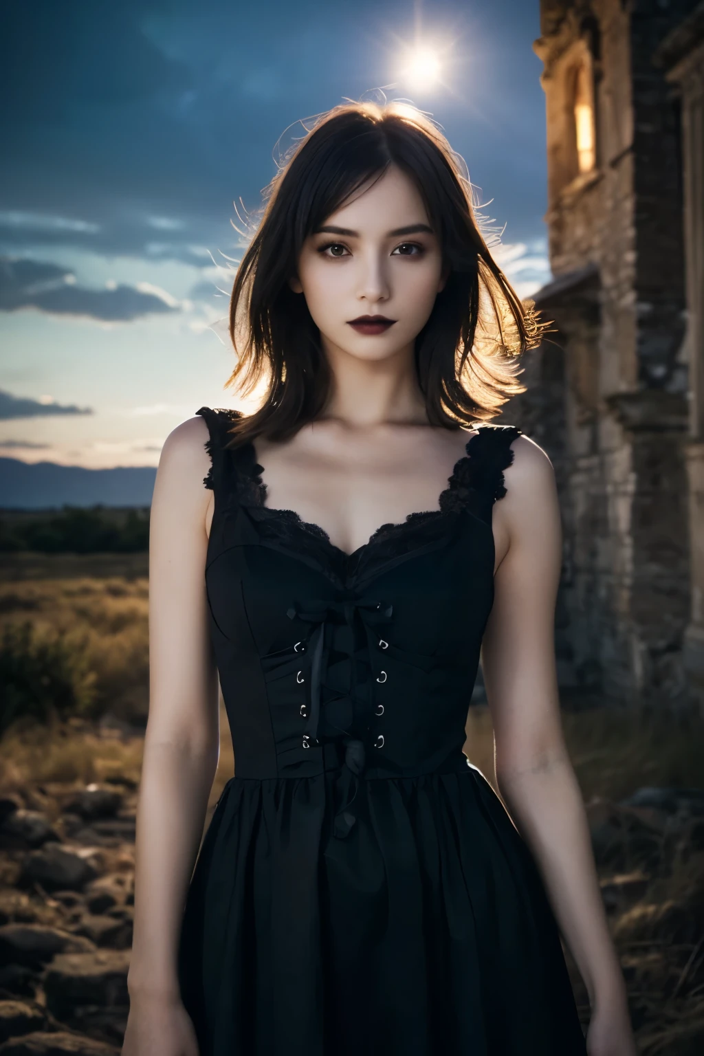 1 girl, (She is wearing a gothic black dress.:1.2), Very beautiful Japanese idol portraits, (RAW Photo Best Quality), (Realistic, Realistic:1.4), (masterpiece), 
Very delicate and beautiful, Very detailed, 2k wallpaper, wonderful, finely, Very detailed CG Unity 8K wallpaper, Very detailed, High resolution, Soft Light, 
Beautiful detailed girl, Very detailed目と顔, Beautiful and sophisticated nose, Beautiful beautiful eyes, Cinema Lighting, 
(She stands in front of an abandoned medieval castle:1.3), (Night Sky, milky way), (Girl full body silhouette:1.2), (Dark screen:1.5), (Desolate landscape), (I am so lonely),
(Medium Hair), (Hair blowing in the wind), 
Perfect Anatomy, Slender body, Small breasts