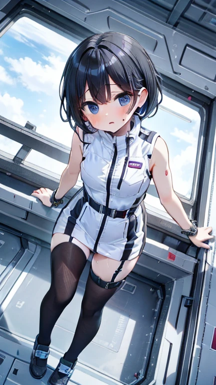 (Highest quality), (masterpiece), 1080P, High resolution, 4K, 8k, Inside the space station、Futuristic room、Thigh straps, Shooting from directly below, The woman on top of me, Nipples, 白いSweat, Covered , Sweat, Woman looking down, Skirt swimsuit, Thigh-high socks, To achieve this, , , whole body, Black leather shoes, Braided hair, Inner Color, Embarrassed face, Short black hair, bracelet, Bedroom,celestial body_Vest