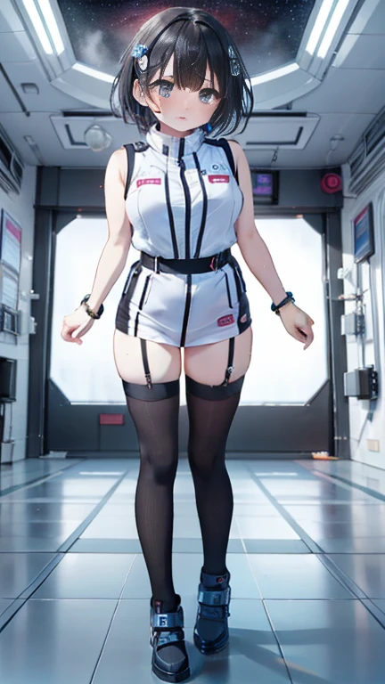 (Best Quality), (masterpiece), 1080P, High resolution, 4K, 8k, Inside the space station、Futuristic room、Thigh straps, Shooting from directly below, The woman on top of me, 白いsweat, Covered , sweat, Woman looking down, Skirt swimsuit, Thigh-high socks, To achieve this, , , whole body, Black leather shoes, Braided Hair, Inner Color, Embarrassed face, Short black hair, bracelet, bedroom,celestial body_vest
