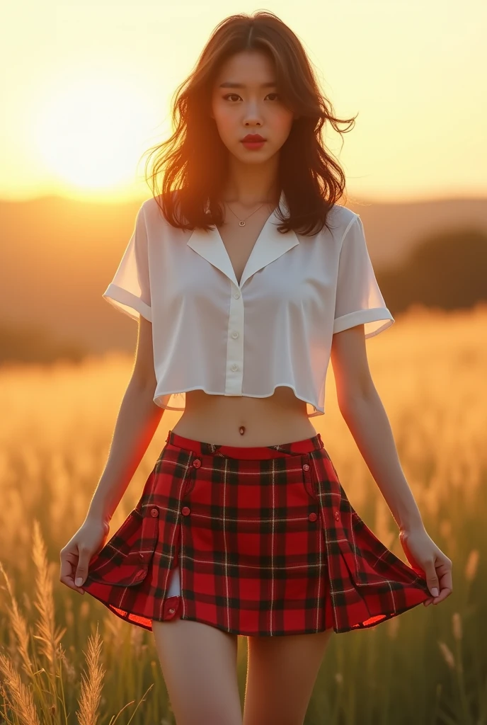 1girl, korean idol, standing back view on meadow, beautiful butt, lifting skirt, (back position:1.5), mix4, low cut white loose tank top, (small breast:1.5), cleavage, (((red tartan mini skirt))), the skirt is just below her butt, sexy red moist lips, sexy red moist lips, open_mouth, realistic, photo_\(medium\), solo, (masterpiece), (realism: 1.3), super detailed, (High detail skin: 1.2), (Best quality: 1.0), (Ultra resolution: 1.0), (ULZZANG-6500: 0.3), wavy detail hair, long hair, (beautiful detail makeup), (sexually aroused blush, heavy breath: 1.0), (soft light bloom: 0.5), (slim muscular body:1.2), navel show, open abdomen, pale skin, bright skin