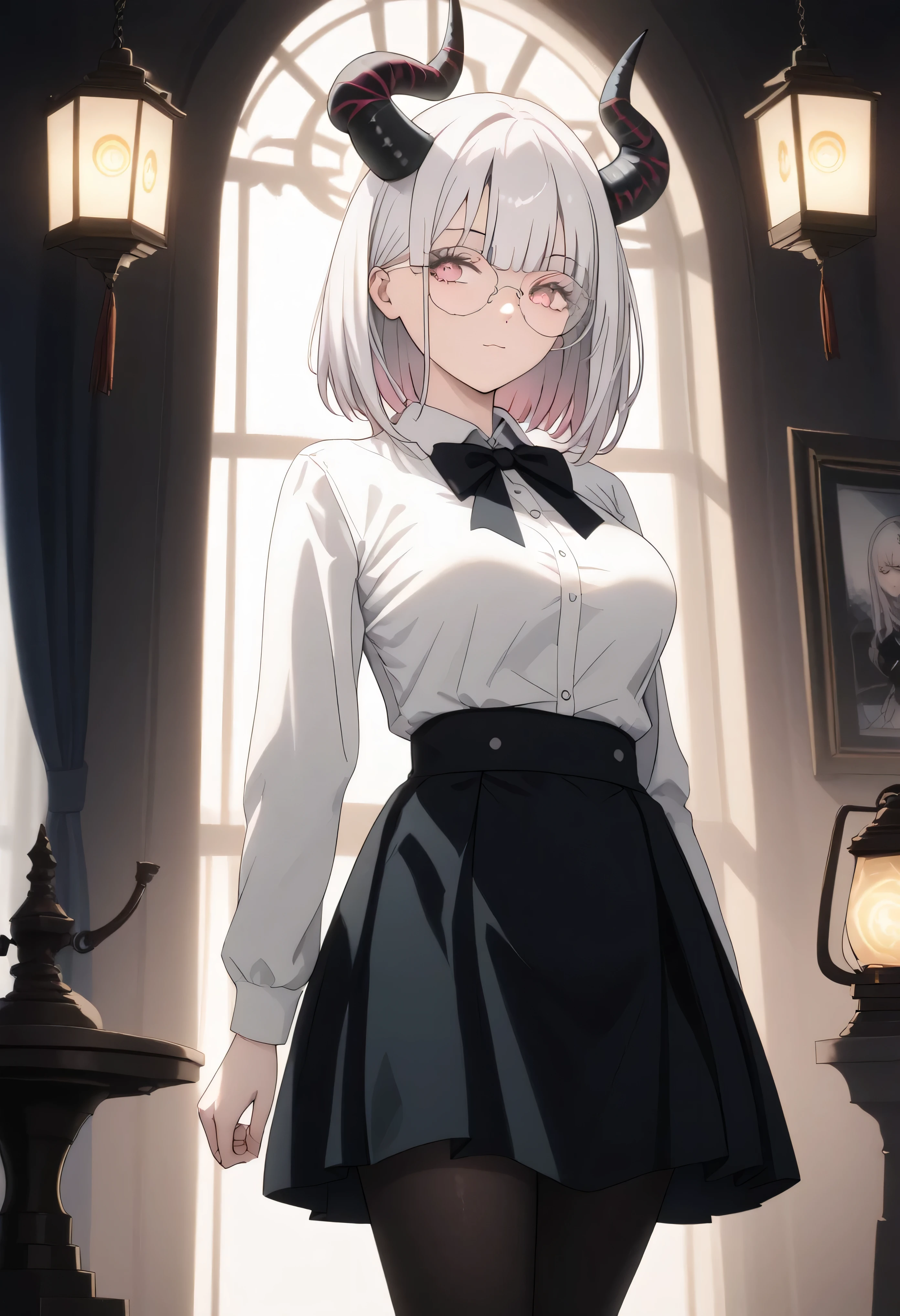 ((masterpiece)), ((ultra-detailed)), ((best quality)), demon, black horns, big horns, white hair, bangs, medium hair, pink eyes, medium breasts, round glasses, white shirt, long sleeves, long black skirt, black pantyhose, black ribbons, (slim body), window, curtain on, dark room, ((low contrast)), lensflare, lantern, big thighs