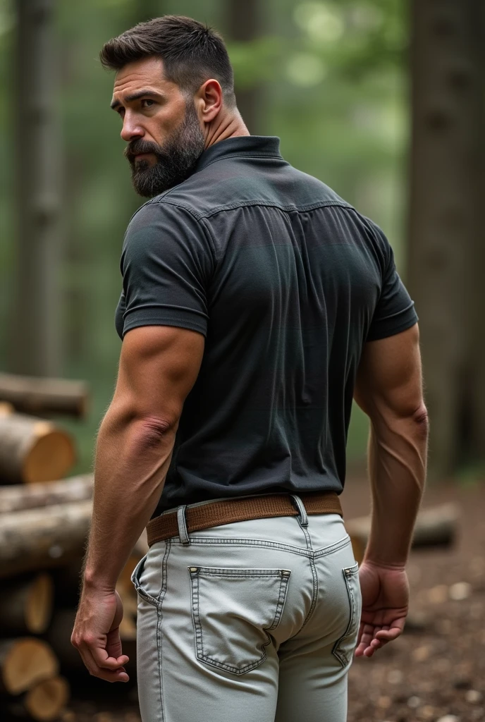 Muscular man,hero,32 years old,Wear a hunting shirt,Wearing a cowboy hat.,full body view, Special handsome face,  short beard, black hair ((tan skin)), ((pearl skin)), (((full body))), Olsen01, perfect male face, complicated, 8k, Highly detailed, (Very detailed CG unity 8k wallpaper.), square jaw, (anatomy details),(((full body)) (((backside))) big butt