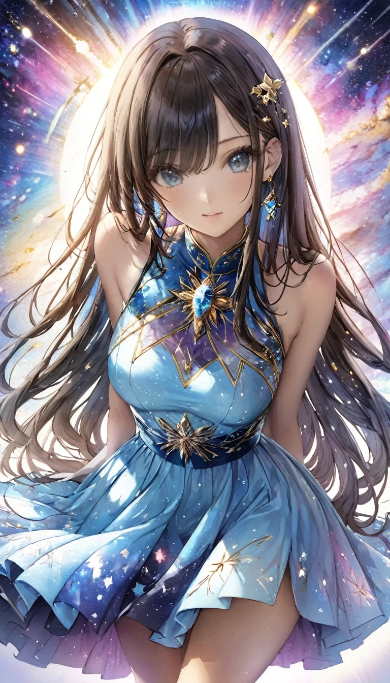 Sketch,UHD, retina, masterpiece, high details, high quality, super detail, best quality, highres, 4K, 8k,kaleidoscope,Sparkling effects,Beautiful work,One Girl,The universe spreads out inside a beautiful dress。,Long Hair