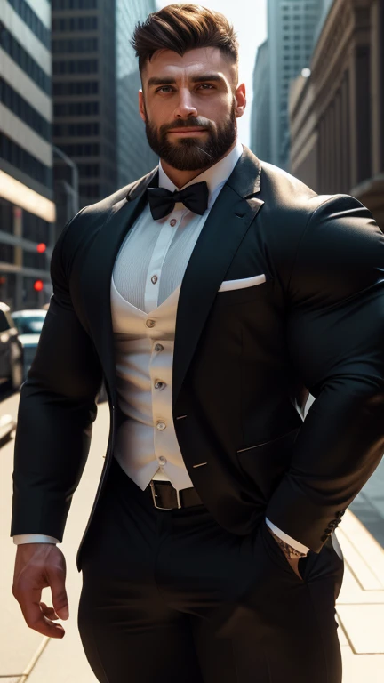 Seductive full body photograph, 25yo man, an English hyper huge muscular man in a slightly smaller shiny black formal suit, He is standing holding from with slightly smiling, He stands on the sidewalk. Right eye is blue, left eye is brown, (Hyper Slim Waist 3.0), bulgeJ8, (Huge crotch bulge 2.0), nice bulge, Huge pec muscles, gigachad muscular, muscular, gay, bodybuilder body, bodybuilder, muscular body, big muscle, Intricate, Detailed face, photo-realistic hair, Realistic eyes, Manly, spiky hair cut，Handsome photo (English beared man), Bright lighting from the front, background is Wall Street on the sidewalk, stubbles, (Masterpiece 2.5), (Best quality 2.5), (Detailed 2.5), Cinematic, Dynamic lighting, Realistic, Detailed office background, Professional photography, Depth of field,