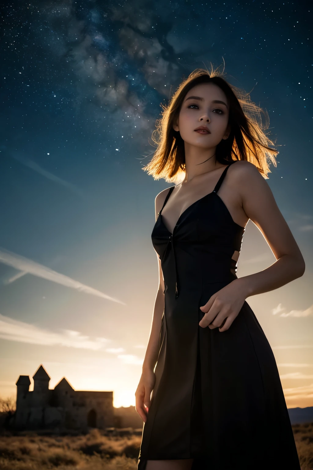 1 girl, (She is wearing a gothic black dress..:1.2), Very beautiful Japanese idol portraits, (RAW Photo Best Quality), (Realistic, Realistic:1.4), (masterpiece), 
Very delicate and beautiful, Very detailed, 2k wallpaper, wonderful, finely, Very detailed CG Unity 8K wallpaper, Very detailed, High resolution, Soft Light, 
Beautiful detailed girl, Very detailed目と顔, Beautiful and sophisticated nose, Beautiful beautiful eyes, Cinema Lighting, 
(She is standing in front of an abandoned medieval castle:1.3), (Night Sky, milky way), (Girl full body silhouette:1.2), (Dark screen:1.5), (Desolate landscape), (I am so lonely),
(Medium Hair), (Hair blowing in the wind), 
Perfect Anatomy, Slender body, Small breasts