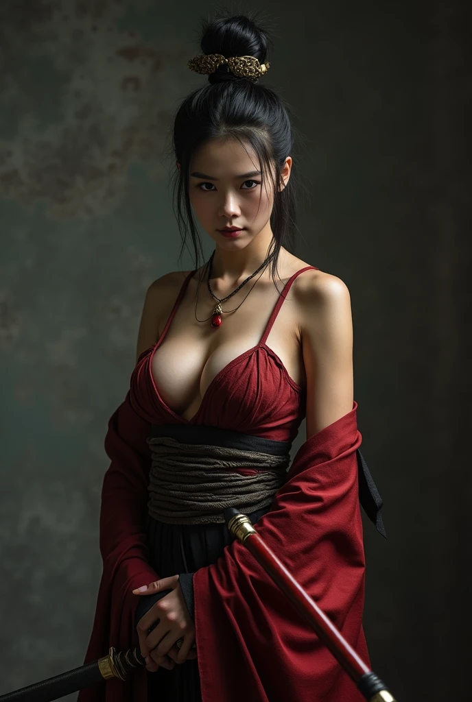 an ultra realistic wide angle epic full body battle shot of Mulan, intricate details, wearing a highly ultra realistic intricate detailed stunning red Samurai costume, ultra detailed sword, smooth edges and curves, surrounded by warriors, war battleground, dark, gothic, Old Japanese architecture palace buildings, photorealistic, cinematic, centered, wet ground, symmetrical volumetric lighting, ambient occlusion, unreal engine, photographed by Akira Kurosawa, inspired by Ran movie, bokeh, particuls, (dynamic pose), (hyper realistic:1.4), (realistic:1.3), (best quality real texture skin), full body, (Cinematic Light), highly detailed skin, skin pores, (highly detailed face:1.1), (sexy, cleavage, nippin), (highly detailed eyes:1.1), realistic pupils, (perfect anatomy:1.1), (perfect proportions:1.1), (photography:1.1), (photorealistic:1.1), volumetric lighting, dynamic lighting, real shadows, (highres:1.1), sharp focus, daylight, (realistic, hyperrealistic:1.4), intricate, high detail, dramatic, subsurface scattering, big depth of field, vivid, polished, sharpened, ((full Sharp)), (extremely absurdres),8k hdr