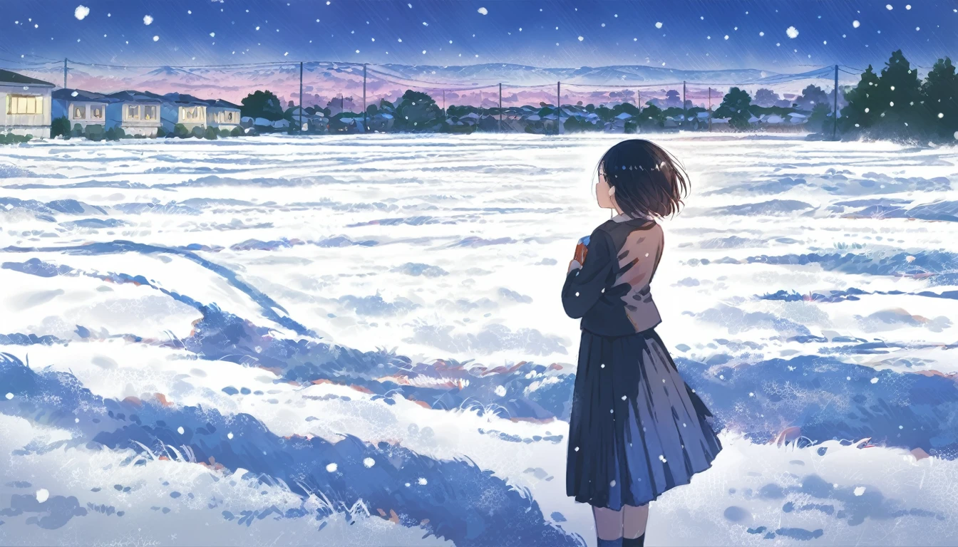 score_9, score_8_up, score_7_up, score_6_up, score_5_up, one girl standing in a large field of snow, city in distance, snowing, somber, amazing art, masterpiece, best quality, 4K resolution, perfect lighting, perfect colors, perfect perspective, balanced composition,High quality, cinematic, dramatic, vibrant colors, dynamic, intricate, detailed, by makoto shinkai, 