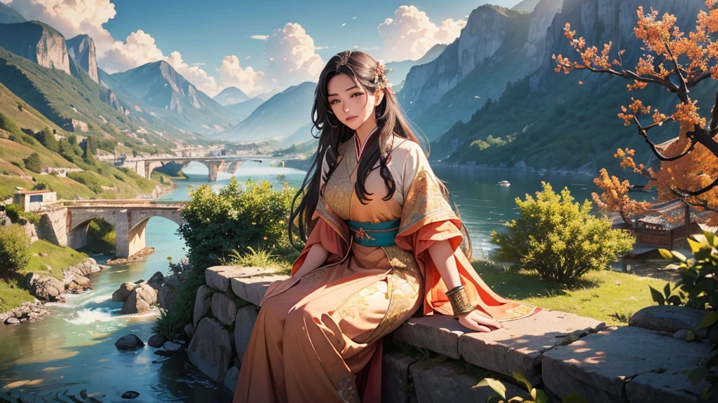 A detailed fantasy landscape with an oriental setting, a peach tree, rivers, mountains, and a radiant sun, (best quality,4k,8k,highres,masterpiece:1.2),ultra-detailed,(realistic,photorealistic,photo-realistic:1.37),detailed digital painting, beautiful landscape, dramatic lighting, vibrant colors, serene atmosphere, 1girl, young woman in traditional asian dress, beautiful detailed eyes, beautiful detailed lips, extremely detailed face and expression, long flowing hair, peaceful expression, sitting under peach tree, overlooking mountains and rivers, warm golden sunlight, glowing ambient lighting, detailed foliage, intricate rock formations, flowing water, dramatic cloud formations