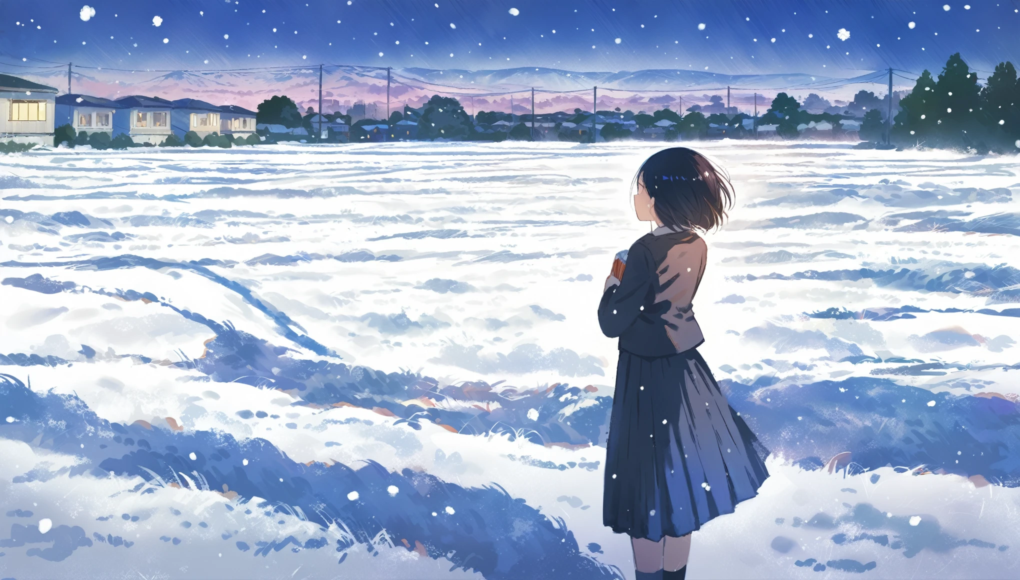 score_9, score_8_up, score_7_up, score_6_up, score_5_up, one girl standing in a large field of snow, city in distance, snowing, somber, amazing art, masterpiece, best quality, 4K resolution, perfect lighting, perfect colors, perfect perspective, balanced composition,High quality, cinematic, dramatic, vibrant colors, dynamic, intricate, detailed, by makoto shinkai, 