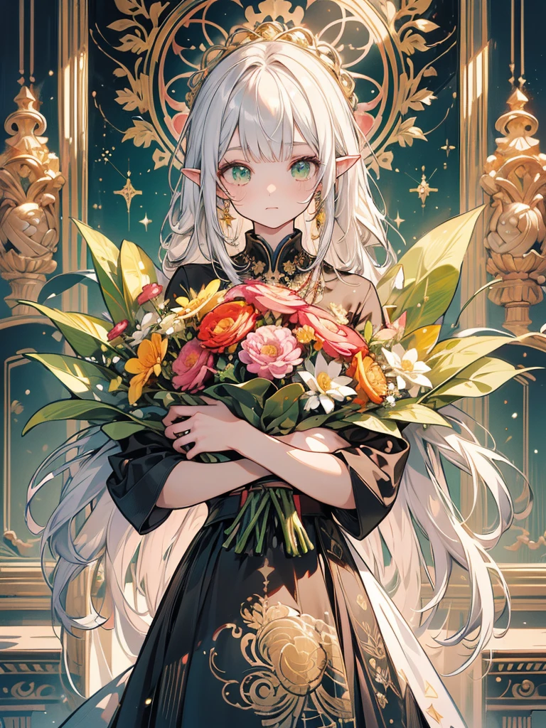 (masterpiece, ultra quality, official art, beautiful and aesthetic:1.2), (1lady), solo, anatomically correct, colorful, absurdres, unity 8k wallpaper, extreme detailed, pretty, (mandala, tangle), divine light, gold leaf art, gold foil, sparkling paintings, long pointy ears, silver hair, green eyes, iridescent dress, jeweled necklace, view audience, long shot, (giving a big bouquet:1.4), framed by Alfons Mucha,