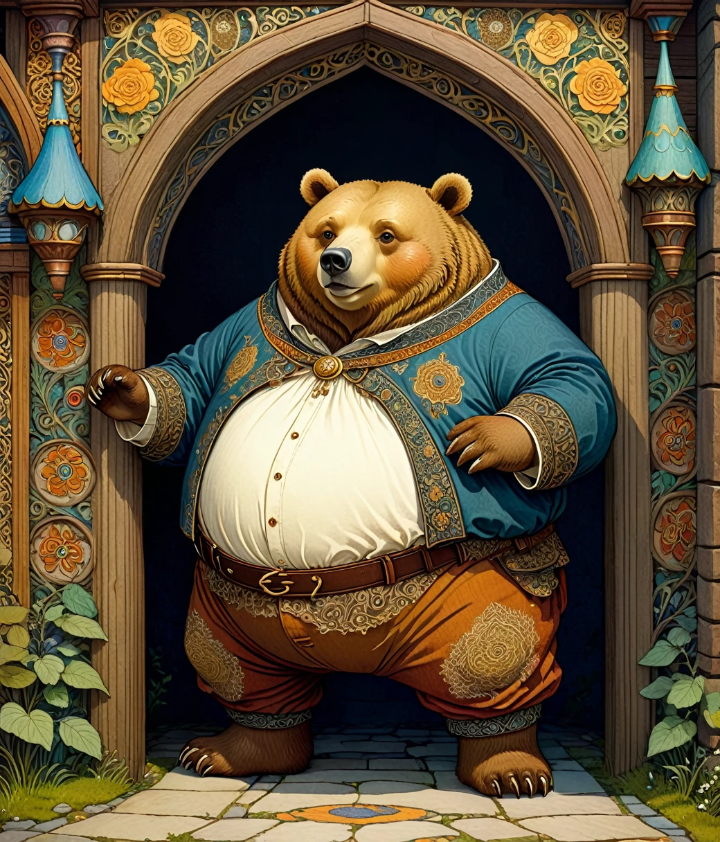 Ivan Bilibin Style page, (cute, fat, obese, anthro, male, bear), solo, full body, ((pants, shirt)), dynamic pose, hires textures, highly detailed, intricate details, best quality, masterpiece, detailxl