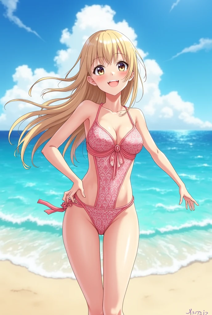 Smiling girl with small breasts and thin thighs in a white one-piece swimsuit with an open mouth、Green eyes、Wet、Blonde longhair、high-level image quality、Anime style、Pussy、teats、NSFW、Being on the sandy shore of the beach