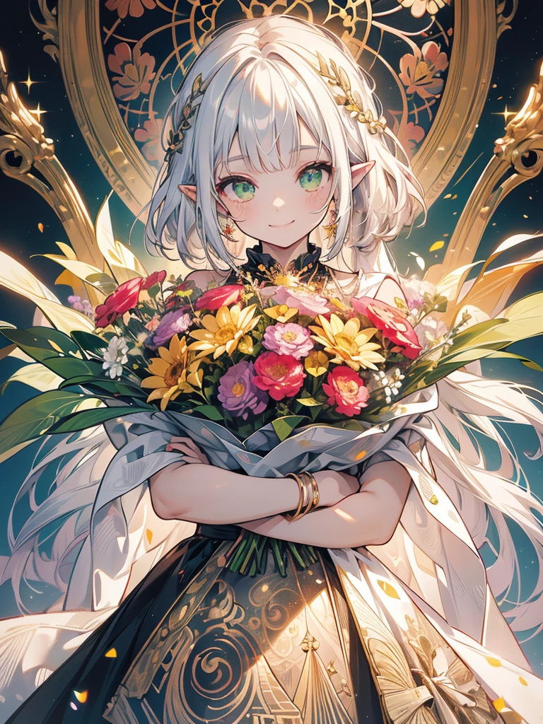 (masterpiece, ultra quality, official art, beautiful and aesthetic:1.2), (1lady), solo, anatomically correct, colorful, absurdres, unity 8k wallpaper, extreme detailed, pretty, (mandala, tangle), divine light, gold leaf art, gold foil, sparkling paintings, long pointy ears, silver hair, green eyes, iridescent dress, jeweled necklace, (happy smile:1.4), view audience, long shot, (giving a big bouquet:1.4), framed by Alfons Mucha,