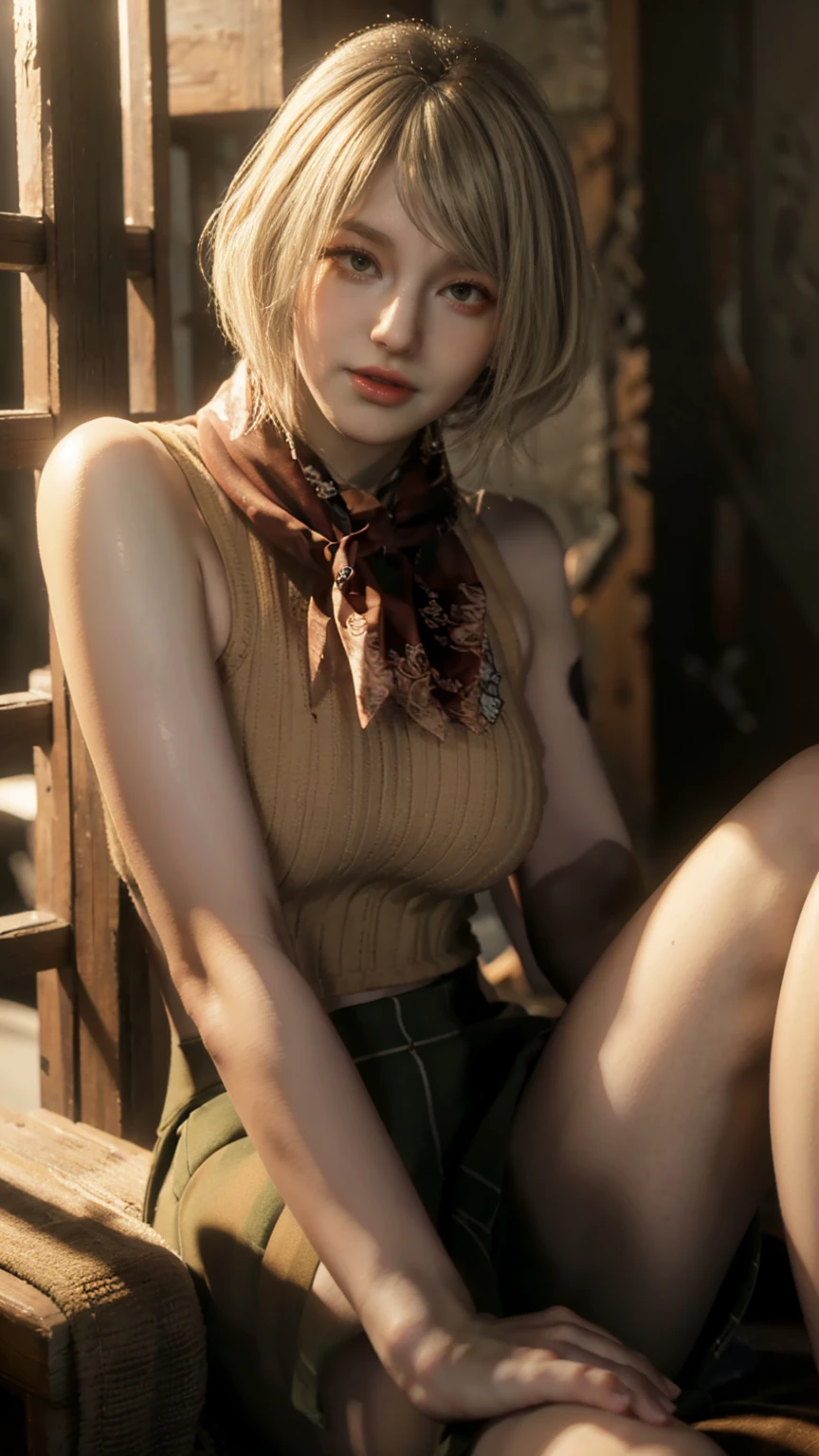 (masterpiece, best quality), 1girl, AshleyGrahamRE, solo, breasts, looking at viewer, short hair, blue eyes, ultra mini skirt, ultra short skirt, shirt, bare shoulders, brown eyes, medium breasts, sitting, closed mouth, pantyhose, sleeveless, blonde hair, sweater, lips, plaid, black pantyhose, turtleneck, plaid skirt, bob cut, green skirt, ribbed sweater, realistic, nose, sleeveless turtleneck, orange shirt, sleeveless sweater, orange sweater, (exposed panty:1.15, shaved armpits:1.15, ultra huge breasts:1.35, in abandoned hut, abandoned village),