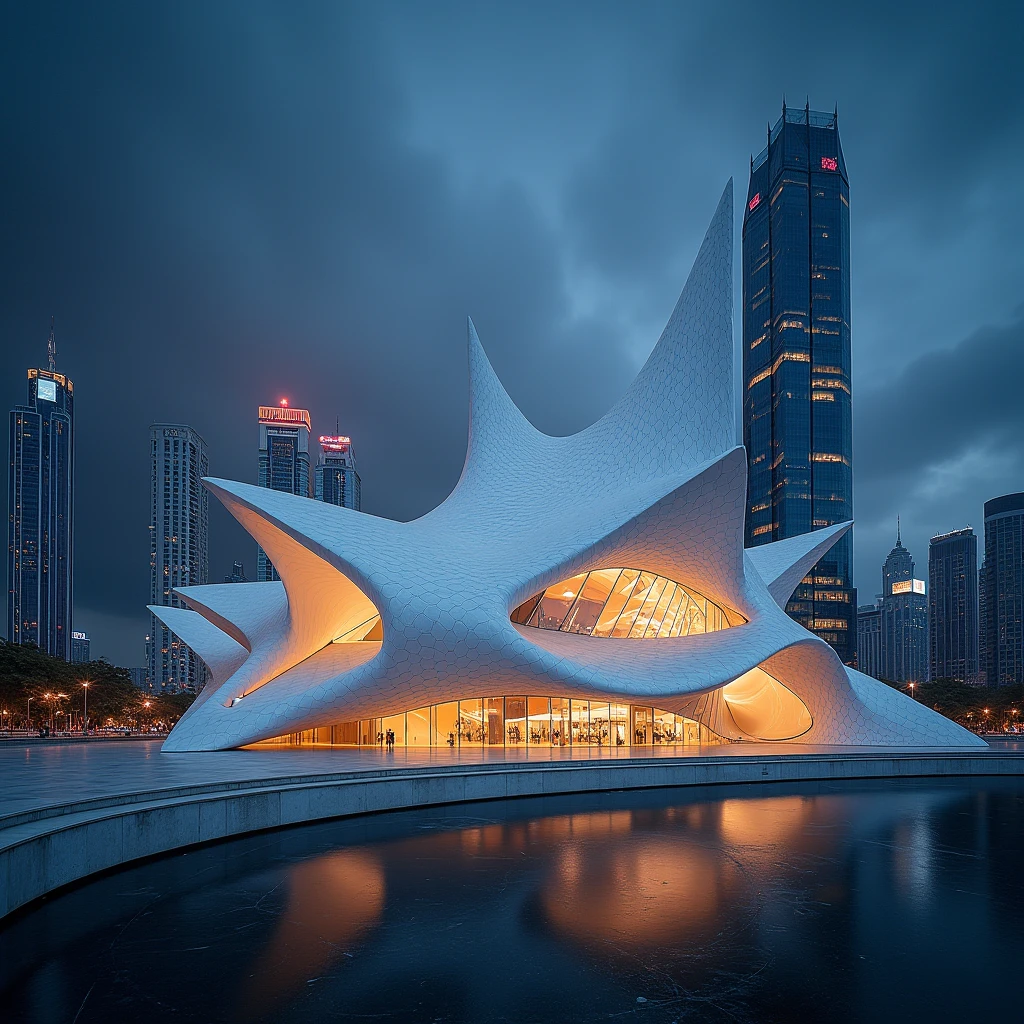 Architectural Design, Guangzhou Opera House, by Zaha Hadid, Use a 24mm f/2.0 wide-angle lens to shoot from different angles to show the fluidity and dynamics of the building. English: Using a 24mm f/2.0 wide-angle lens, shooting from various angles to highlight the fluidity and dynamism of the building.
Beautiful cinematic lighting, surreal, color graded, dynamic movement, captivating chiaroscuro, full body, award-winning, cinematic still, emotional, vignette, dynamic, vivid, (masterpiece, best quality, photorealistic, Professional, perfect composition, very aesthetic, absurdres, ultra-detailed, intricate details:1.3)