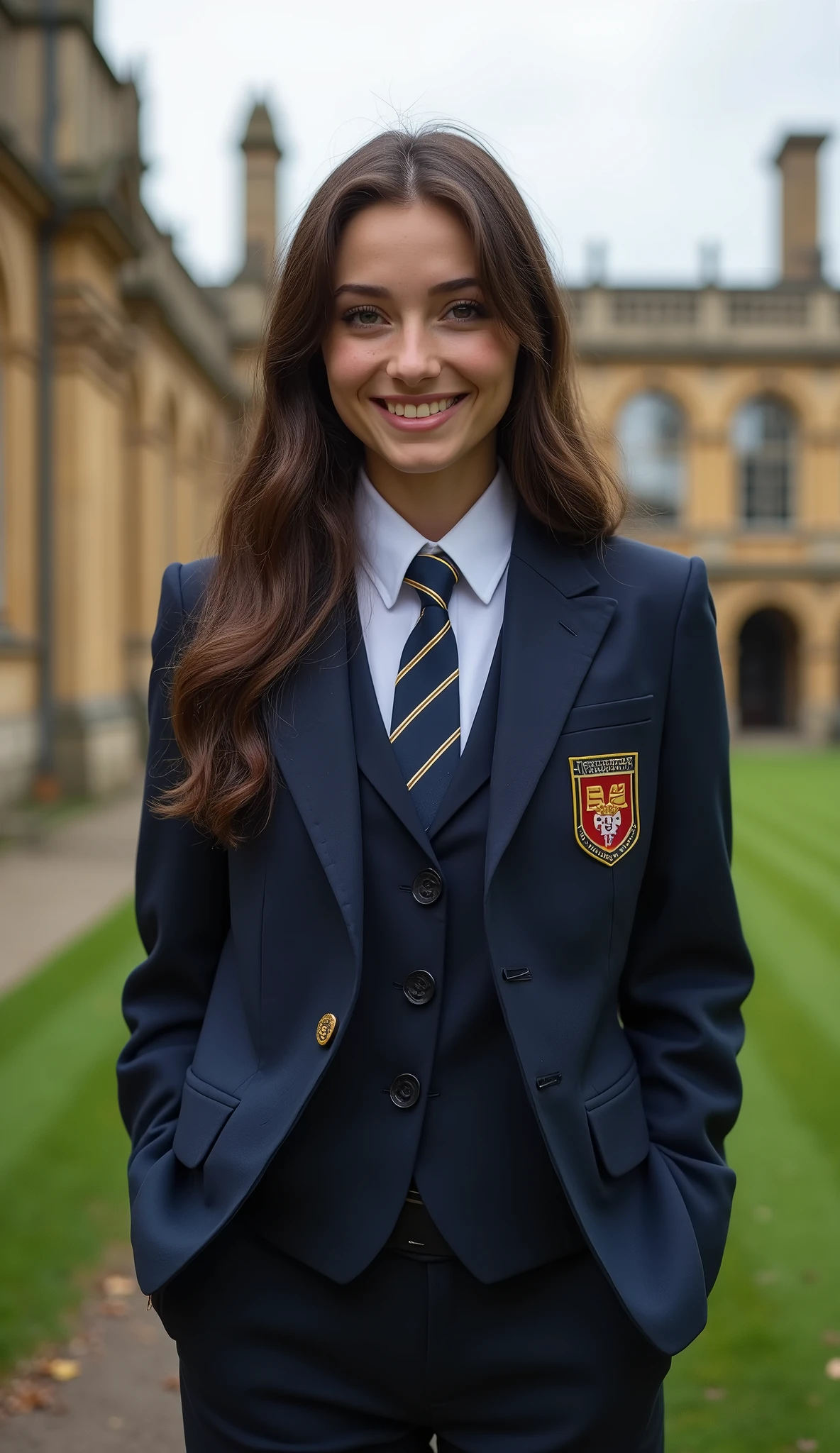 Pretty British teenage girl in her formal orange school outfit