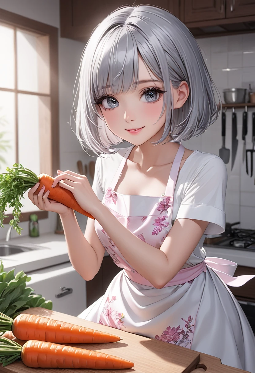 (masterpiece, perfect quality:1.2), ambient lights, (hard-edged, cute, full body detailed, 32K, high detail:1.4), perfect lighting, perfect anatomy, soft light, BREAK ((shiny silver hair)), bob cut, bang between eyes, beautiful hair), (glossy silver eyes:1.5), (beautiful eyes, twinkle eyes, large eyes, close eyes), BREAK (athlete body), cute face, beautiful face, pretty face, beautiful, best quality, good anatomy, long eyelashes, expressive eyes, Perfect Hands, the girl has five fingers on each hand, REAK 1girl, pink botanical print apron, white shirt, white skirt, short sleeves, smile, shy, BREAK, 1girl, morning, kitchen, the girl in the kitchen holding a carrot on a cutting board with her left hand and julienning it with a knife in her right hand.