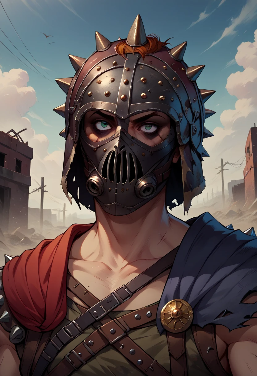 head, apocalyptic mask, with spiked decorations the mask, apocalyptic, Apocalypse, gladiator mask, helmet with grids, mask fused with a gladiator mask, 