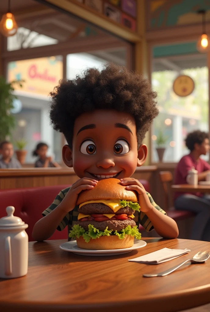 Dark-skinned boy eating hamburger in a restaurant