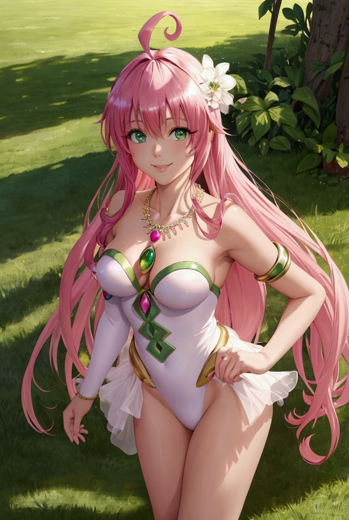 High resolution, masterpiece, The best quality, High details, HD model, quality, green eyes, long pink fur, dressed as an odalisque, dance pose, bottomless, bright white skin, shadow detailing the body, smile, lala satalin deviluke, anklet necklace, jewelry in the hair