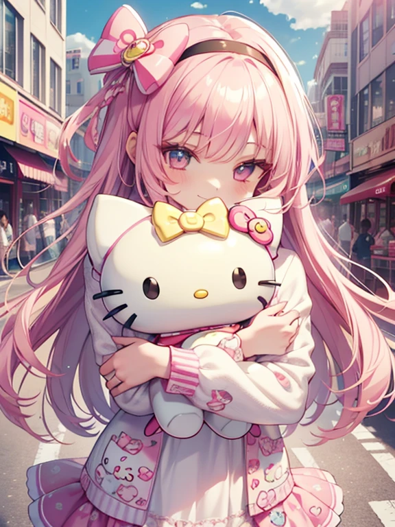 best quality, 4K wallpaper, masterpiece, extremely detailed CG unity 8k wallpaper, extremely detailed eyes, ultra-detailed, intricate details, 
1girl, (h1c4tt3ch poastcard), hugging hello kitty doll, neon city happy, smile, hello kitty, adorable, cute, dynamic pose