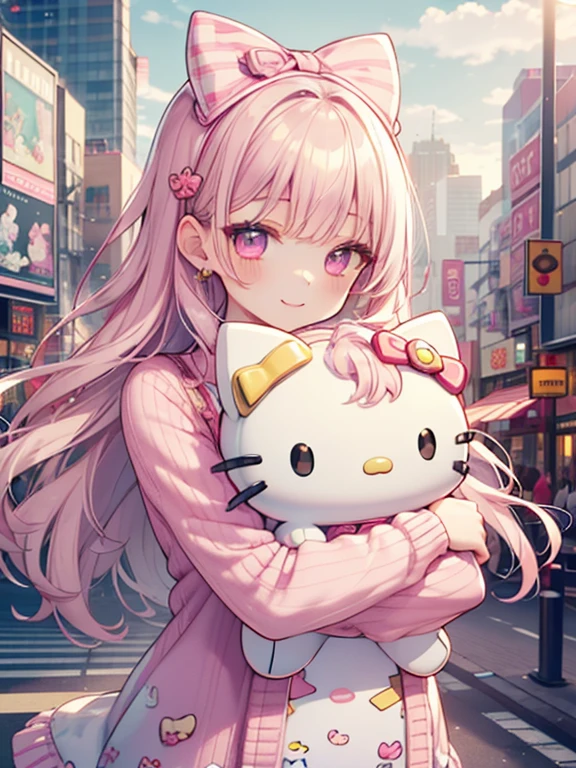 best quality, 4K wallpaper, masterpiece, extremely detailed CG unity 8k wallpaper, extremely detailed eyes, ultra-detailed, intricate details, 
1girl, (h1c4tt3ch poastcard), hugging hello kitty doll, neon city happy, smile, hello kitty, adorable, cute, dynamic pose