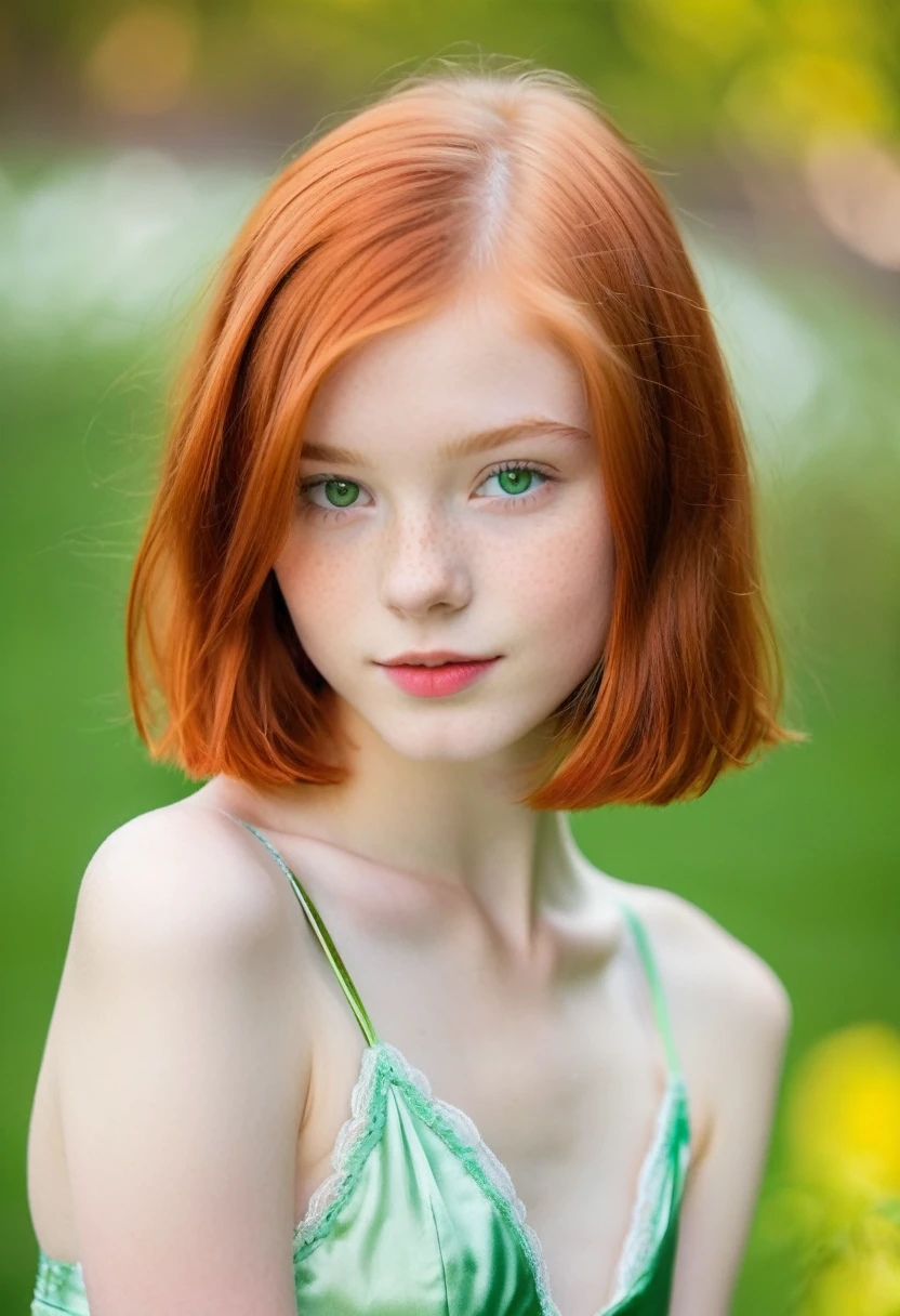 hyperrealisitic, adolescent, American Sweetheart, 14yo with red hair, chin-length  bob haircut, green eyes, pale  White Skin, freckles on cheeks, small lips, thin face. realisitic, dressed in silk shinny lingerie, Photo sexy, a tiny bra, bared shoulders, Photo sexy, (sit posing), bed-in, young underwear model, goosebumps, hardnipples