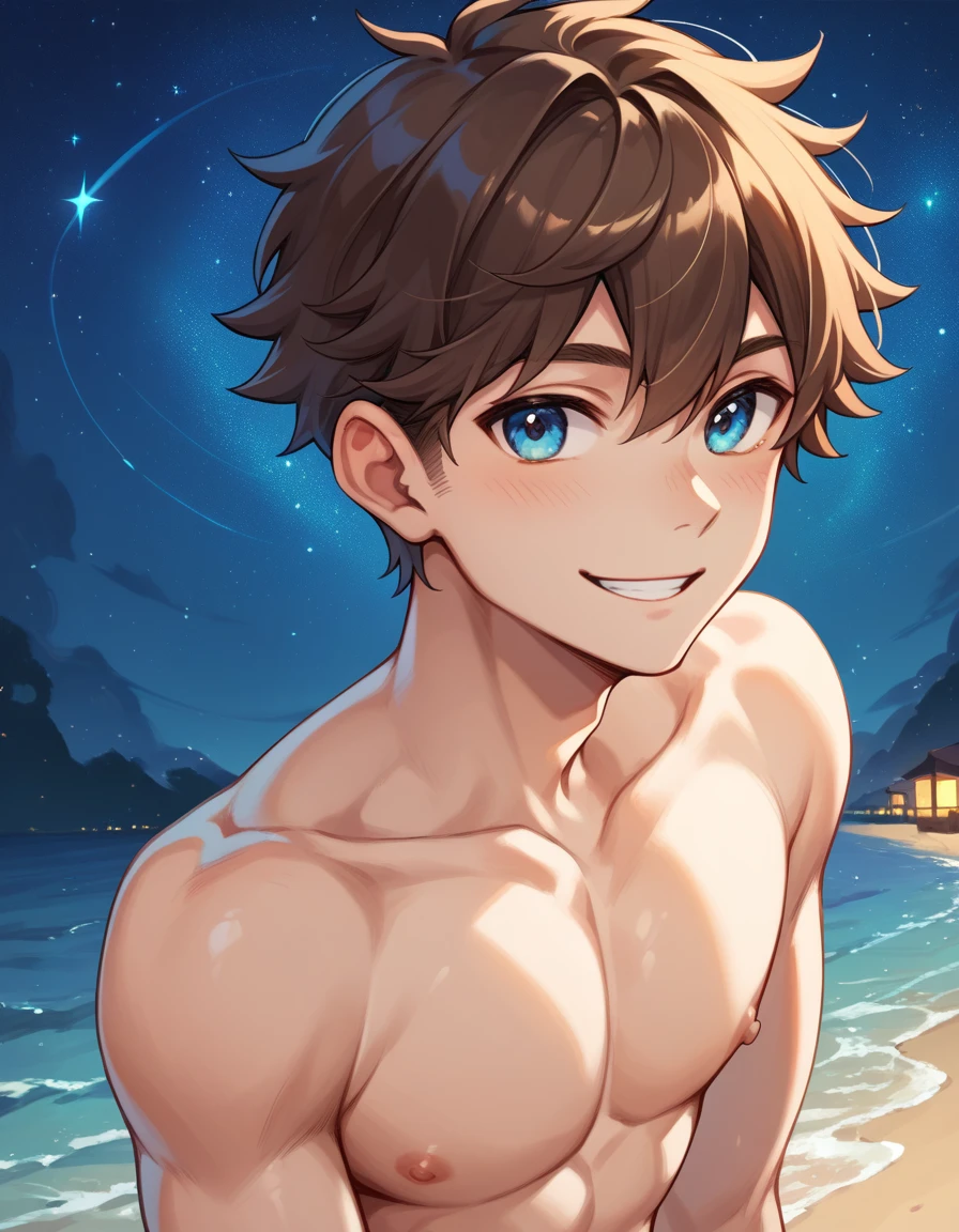 Fraction_9, Fraction_8_Direction_7_up, ,Handsome boy, Brown short hair, blue eyes, Distinctive features, White skin,night,seaside,Starry sky smile,