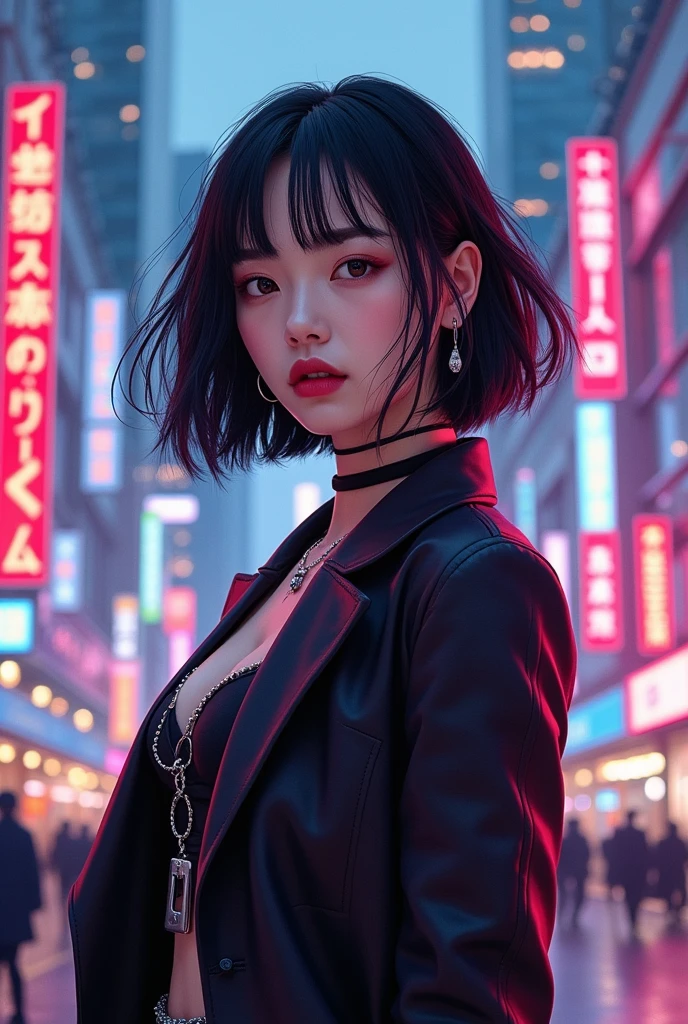 Cool Asian Girl beside a bulding with lights which is writen " LOVE ME "