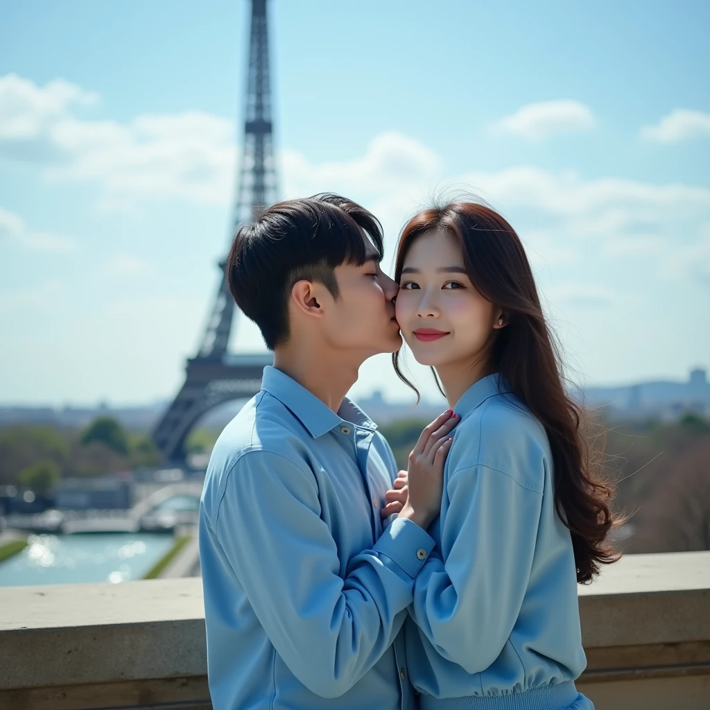 Photography of a 25 year old Asian guy wearing a cool jacket, trousers and shoes, being embraced by a beautiful 20 year old Asian woman sitting in a pose looking forward with a romantic European icon background.