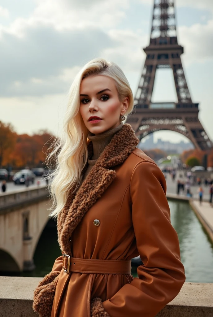 blonde woman posing in paris, france, walking in the street, smiling at the camera, notre dame, coat and elegant dress, outdoor, winter atmosphere, influencer, posing like a model, instagram, high quality