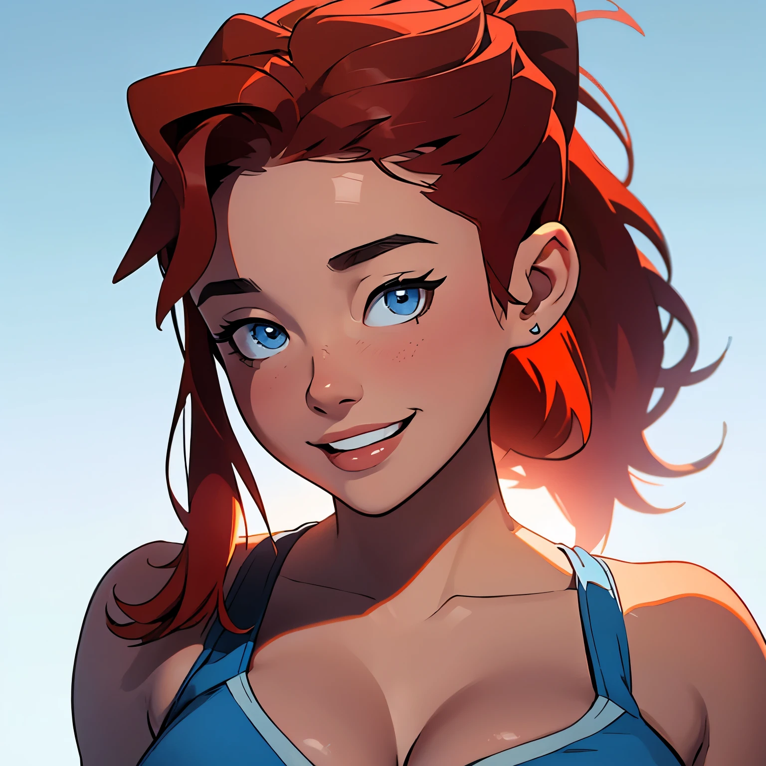 masterpiece, best quality, half body,1girl, highest image quality, 21-year-old woman, looks like Olivia Dunne, bright red hair, blue eyes, wearing a bikini, worried, large breasts, White background, empty background