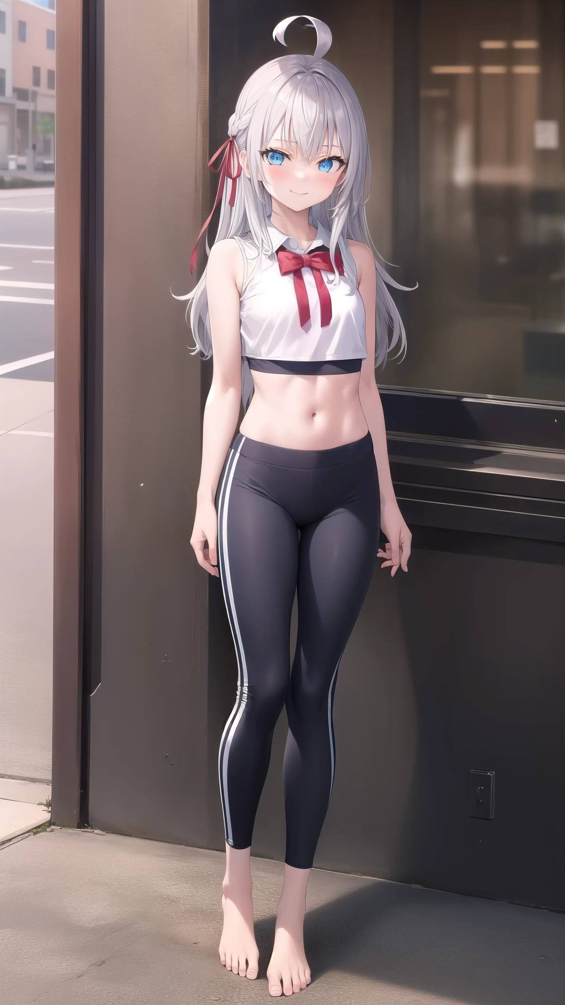 ((masterpiece)),(best quality),official art,extremely delicate and beautiful,extremely detailed CG,unity 8k wallpaper,ultra detailed,beautiful detailed eyes,extremely detailed face,outdoors,1girl,solo,,looking at viewer,facing viewer,smile,(petite:1.2),Alisa Mikhailovna Kujou,ahoge,long hair,grey hair,(hair intakes,hair ribbon,red ribbon,sidelocks),hair between eyes,bangs,blue eyes, fitness clothes, white shirt, crop top, gym pants,wing collar,red bowtie,medium breasts,loafers, full body, idle, barefoot, idle