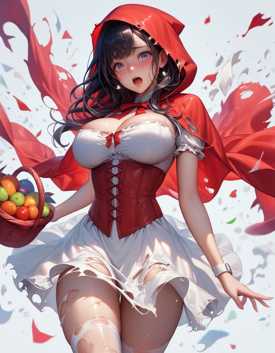 (masterpiece:1.2, best quality), (finely detailed beautiful eyes: 1.2 Snow White sitting on a giant red topped mushroom with white spots on it.  Snow White has large breasts straining the fabric of her dress.  She is extremely sexy with large ruby red lips.  Pouty Lips