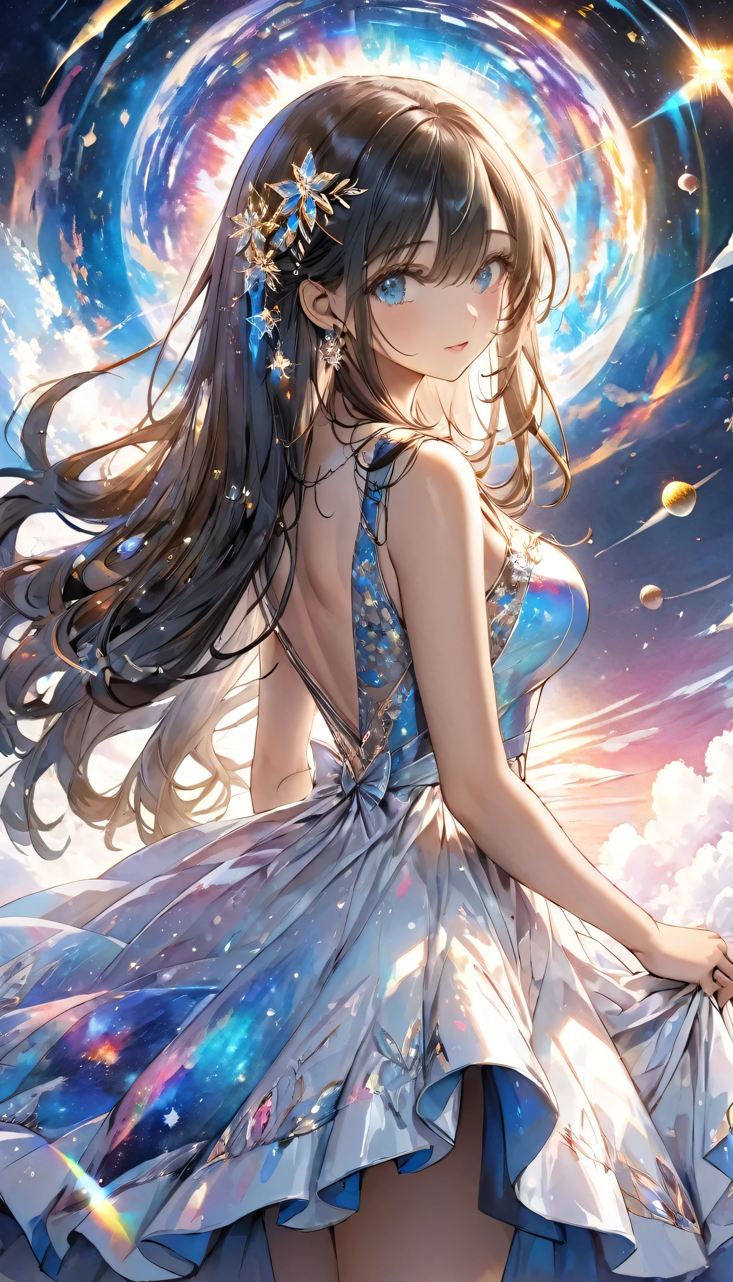 Sketch,UHD, retina, masterpiece, high details, high quality, super detail, best quality, highres, 4K, 8k,kaleidoscope,Sparkling effects,Beautiful work,One Girl,The universe spreads out inside a beautiful dress。,Long Hair,beautiful eyes