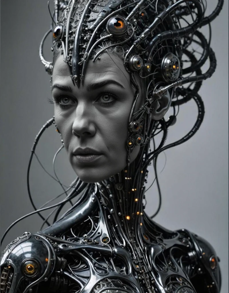 nousr, a fine art painting of a beautiful woman, biomechanical, mshn robot, hyper realistic, steel, intricate design, insanely detailed, fine details, Extremely sharp lines, cinematic lighting, Photo realistic, a detailed masterpiece