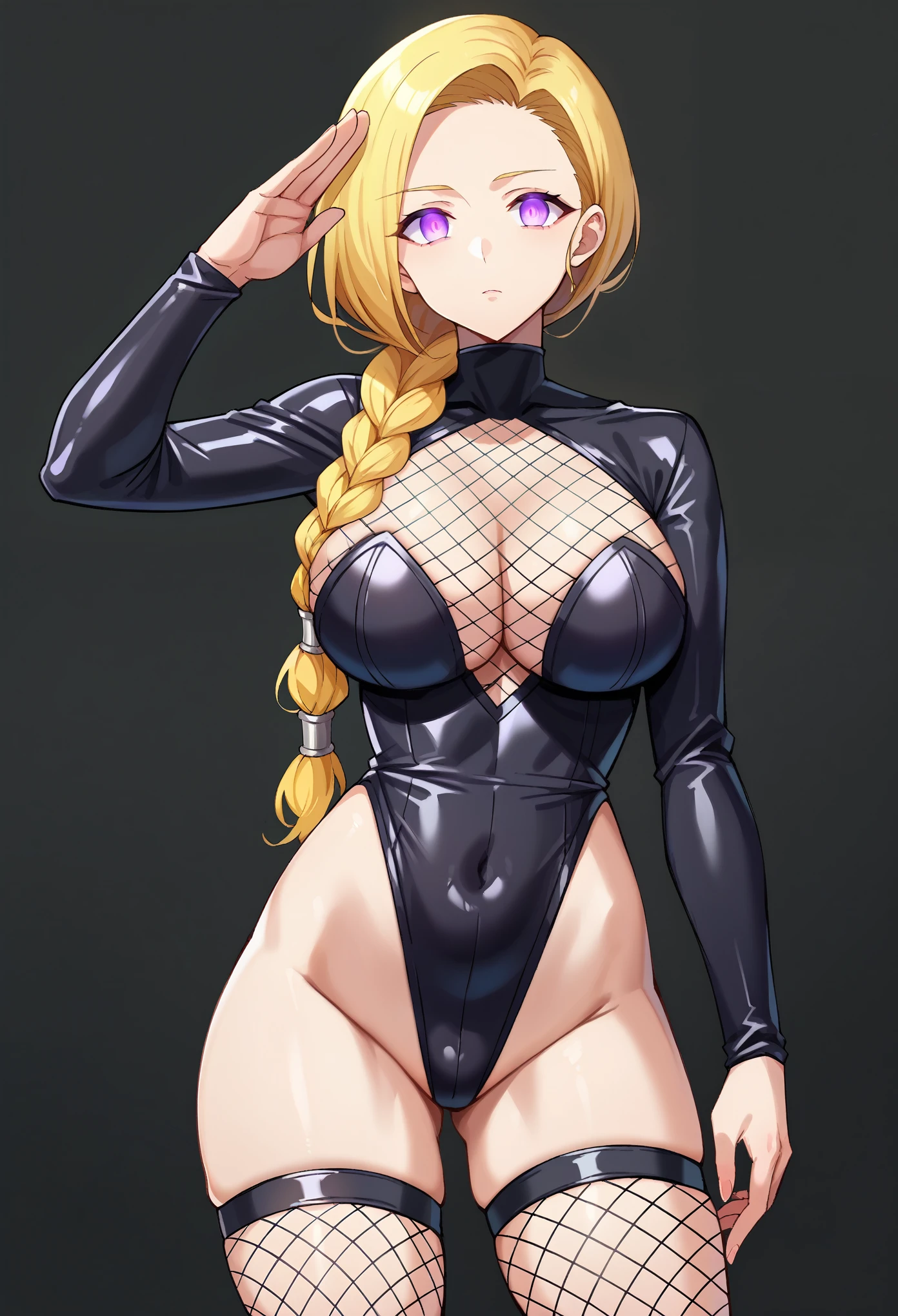 score_9, score_8_up, score_7_up, score_6_up, score_5_up, score_4_up, BREAK source_anime, stand up, salute, dqBianca, single braid, hair over shoulder,  purple eyes,(glowing eyes), breasts, (evil depravity), empty eyes, Expressionless, (Black latex high leg suit),Cowboy Shot,((big breasts 1.8)), Fishnet stockings, fishnet tops, black background, simple background,