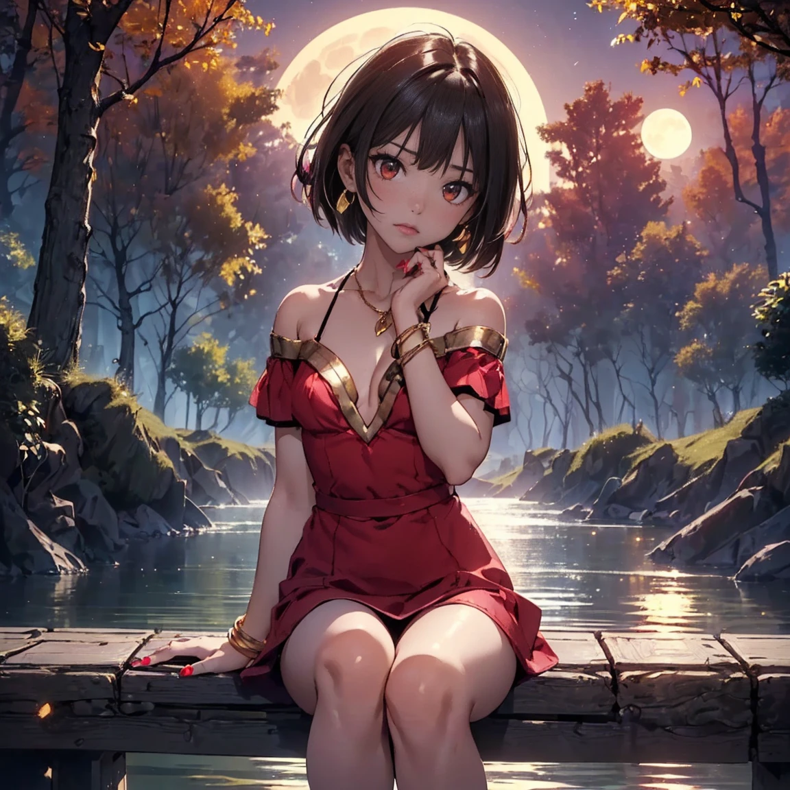 ((1girl, solo ,alone, megumin, short hair, red eyes, brown hair, ((short woman, small breasts, small bust )), painted nails, gold bracelets, ruby earrings)), ((solo, 1woman, pink lipstick, Extremely detailed, ambient soft lighting, 4k, perfect eyes, a perfect face, perfect lighting, a 1girl)), austere, (( red dress, fine jewelry, gold bracelets, pier, river, forest, full moon, flowers, Victoria Regia, panoramic view, viewpoint, sitting, legs crossed, small bust))