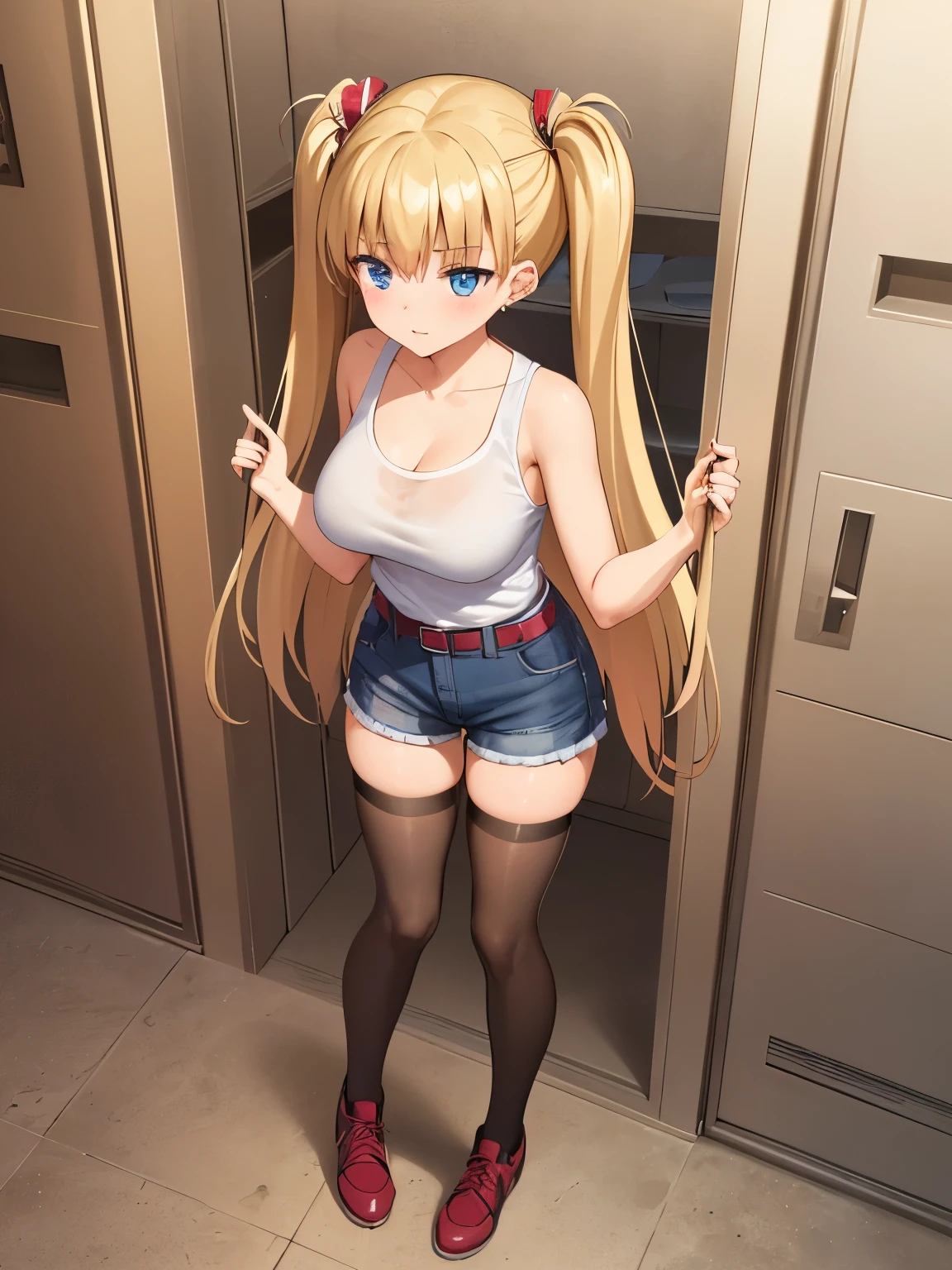 1 girl, Akizuki Airi, Blue eyes, rubio_Hair, two tails, very_long_Hair, she is wearing it in her Hair_red adorno, Hair_red hair tie, Half_breasts, He was wearing a white sleeveless T-shirt, a pair of blue denim shorts, with a red belt, She is wearing thigh high stockings., full body, She is inside a locker., Category: Explicit