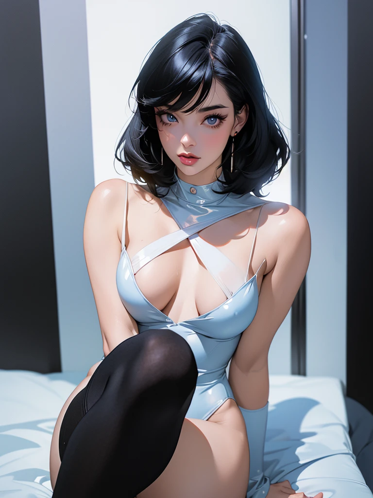 (best lighting) (best quality, masterpiece:1.2), illustration by hajime sorayama, perfect body, hyperfeminine curves, (detailed eyes), (detailed face), femme fatale, woman, short black hair, bangs, blue eyes, curvy, black lipstick, black eyeliner, earrings, high fashion, latex, long socks, solo, cinematic