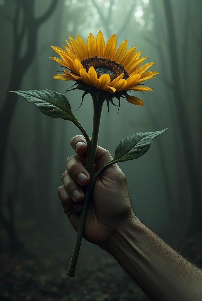 Create an image of a hand handing over a sunflower, where the hand is holding the stem of the sunflower that is facing forward as if it were handing it to the screen in the style of a realistic drawing with a black blur. And add some touch related to Aztec culture.