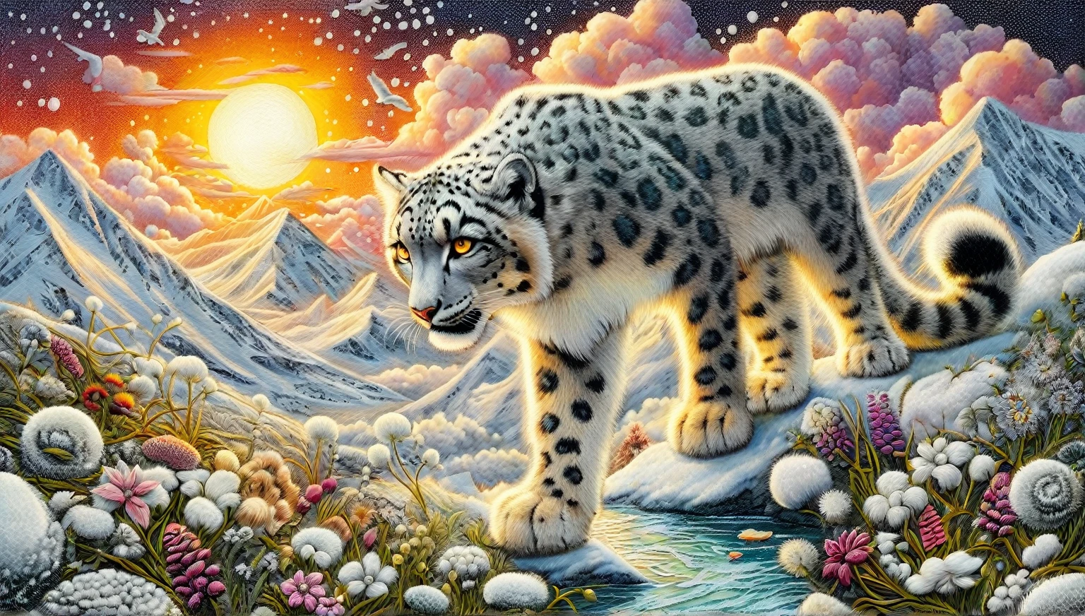 The painting is created by applying materials from the textile industry onto canvas: a graceful snow leopard is creeping on a snowy peak. Execute the snow leopard from cashmere, plush, leather. The background - a sunset sky made of moiré, felt, snowy mountains, snow falling from viscose, velvet, a meadow of edelweiss made of cotton thread, microfiber, silk, an icy spring made of tulle, linen. A hyper-detailed figure, phosphorescent light in the eyes of the snow leopard, clear contours of details. Style - techno-avant-garde art and hyperrealism, with an emphasis on whimsical contrast, intricate details, primary colors, neo-realism, and textured texture.
