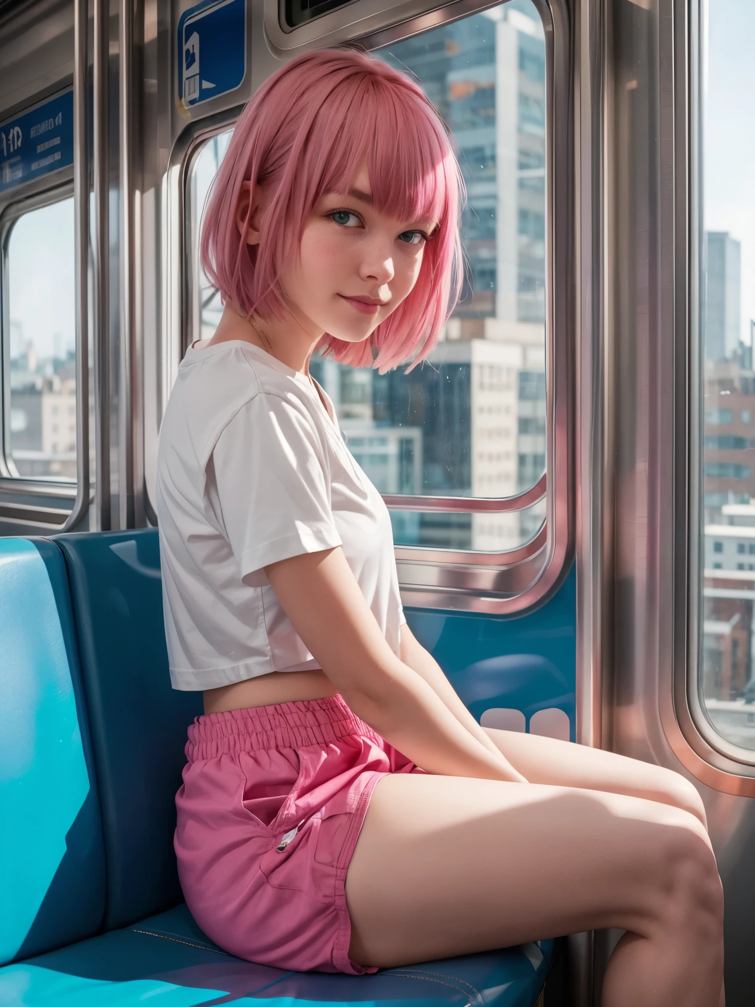 girl sitting inside a train, BREAK, girl, from side, sitting, tight casual shirt, square neckline, short shorts, thighs, (looking at viewer:1.4), big window, city view, trainr interior, dim light, side light, short pink hair, bangs, white t-shirt, pink shorts,