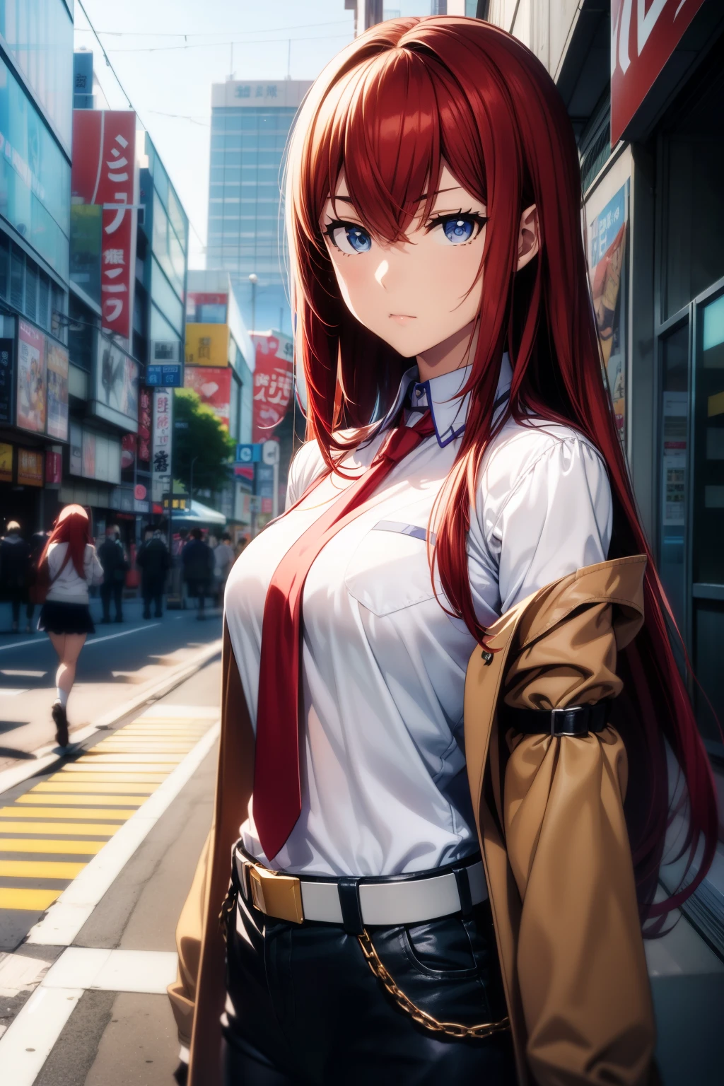 masterpiece、Best Quality、High resolution、Detailed face、((anime、anime塗り、animeカラーリング、RAW Photos)),makise kurisu,1girl, bangs, belt, blue eyes, chain, chained, gloves, ground vehicle, hair between eyes, jacket, long hair, looking at viewer, makise kurisu, necktie, red hair, shirt, Alone, Random Pause、Random Angle、シンプルなanime背景、Akihabara