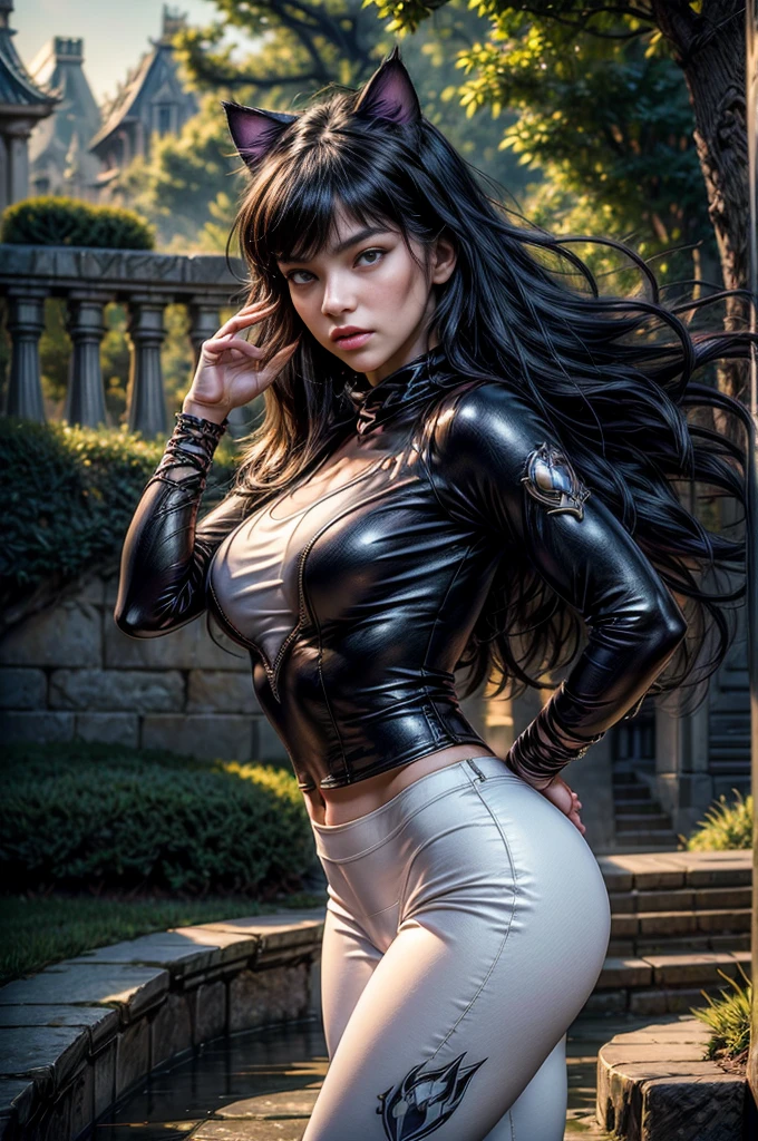 blackfire, 1girl, solo, black eyes, purple eyes, black hair, very long hair, sidelocks, dark skin, dark-skinned female,
black bodysuit, silver armor, long sleeves, silver belt, black skirt, black leggings,
smile,closed mouth,cowboy shot,upper body,
forest,outdoor,
(insanely detailed, beautiful detailed face, masterpiece, best quality) cinematic lighting,<lora:Blackfire_v2:1>, <lora:more_details:0.3>,
