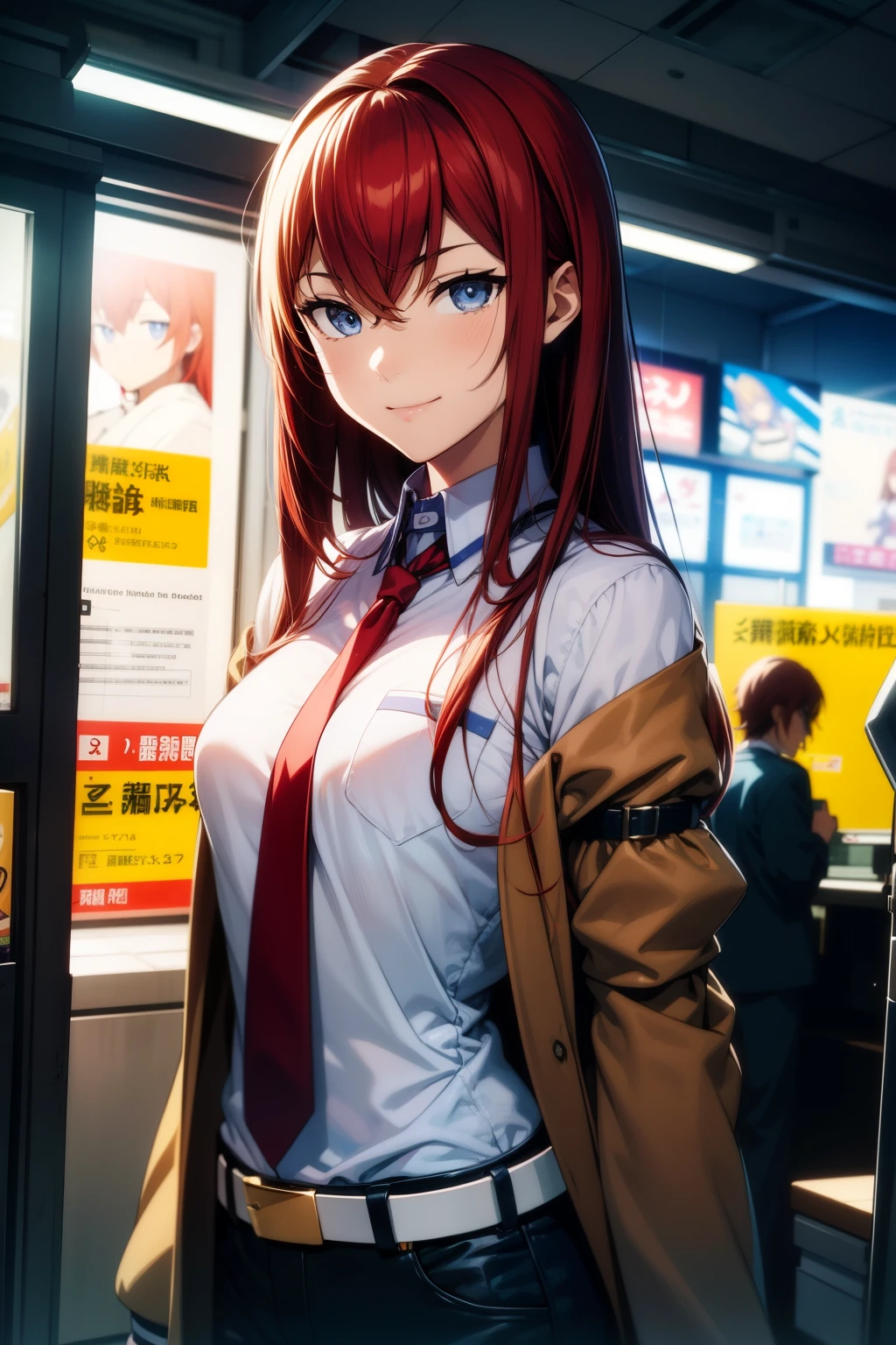 masterpiece、Best Quality、High resolution、Detailed face、((anime、anime塗り、animeカラーリング、RAW Photos)),makise kurisu,1girl, bangs, belt, blue eyes, chain, chained, gloves, ground vehicle, hair between eyes, jacket, long hair, looking at viewer, makise kurisu, necktie, red hair, shirt, Alone, Random Pause、Random Angle、シンプルなanime背景、Akihabara、smile