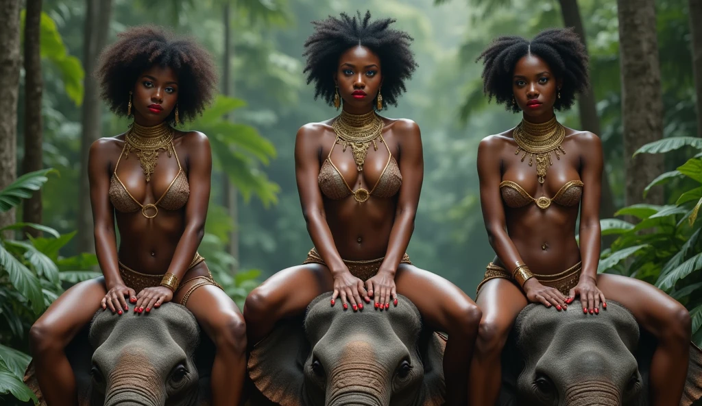 a beautiful African queen rides through the jungle on the back of an elephant